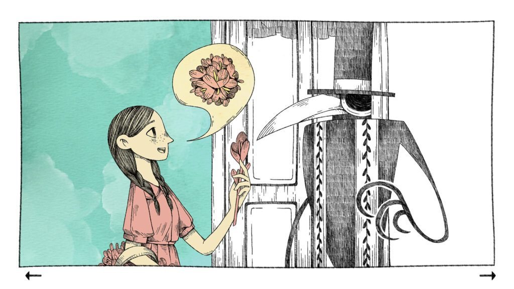 The Raven meeting a girl at the doorstep in A Raven Monologue