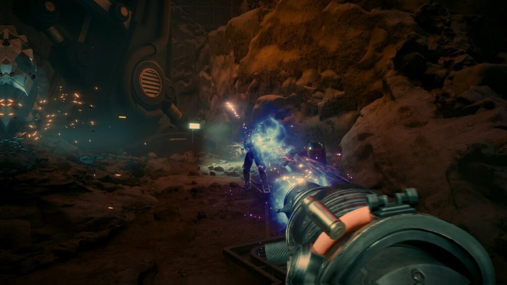 A first-person combat scene from Outer Worlds 2, showcasing intense futuristic gunplay