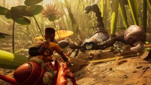 A player fighting a scorpion in Grounded 2.