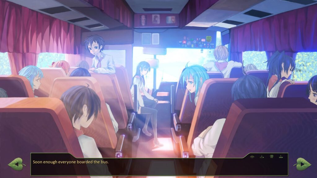 Some of Semyon's classmates sitting inside a bus in Everlasting Summer