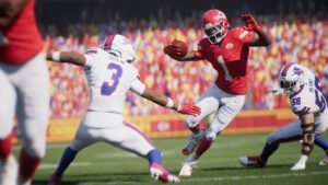 A Madden 26 ball carrier evades defenders with a sharp cut on the field