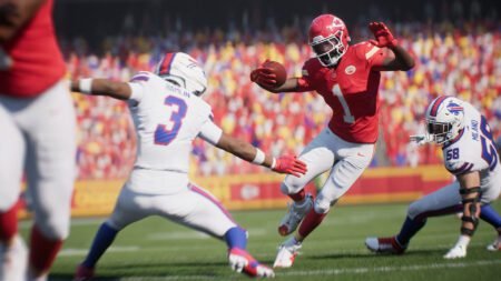 A Madden 26 ball carrier evades defenders with a sharp cut on the field