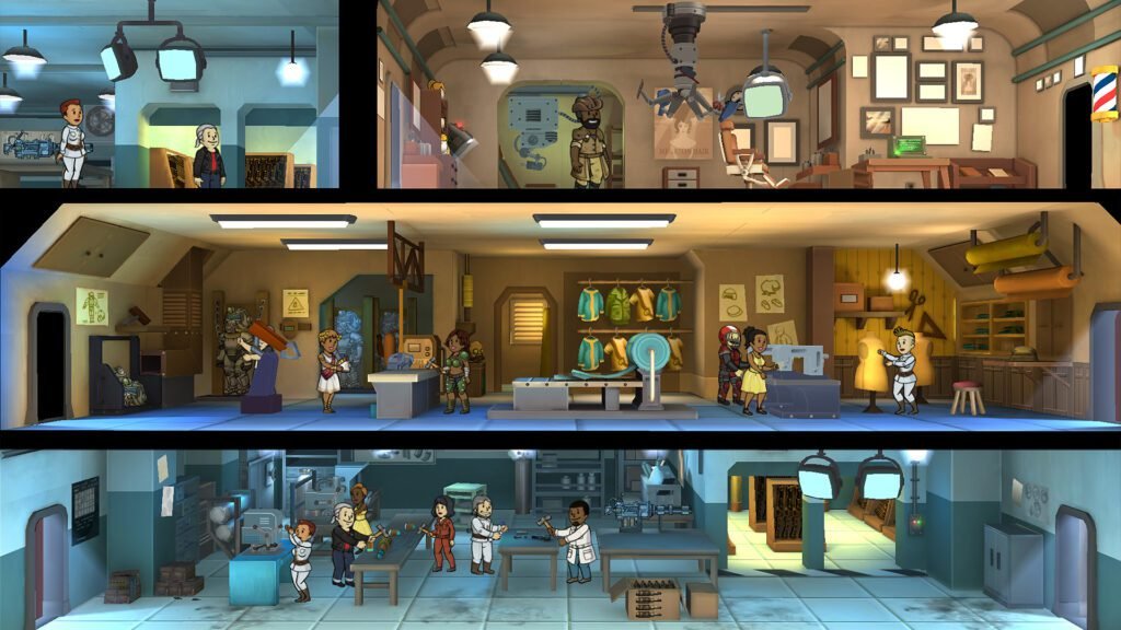 Residents in Fallout 4 carrying out various tasks in different areas