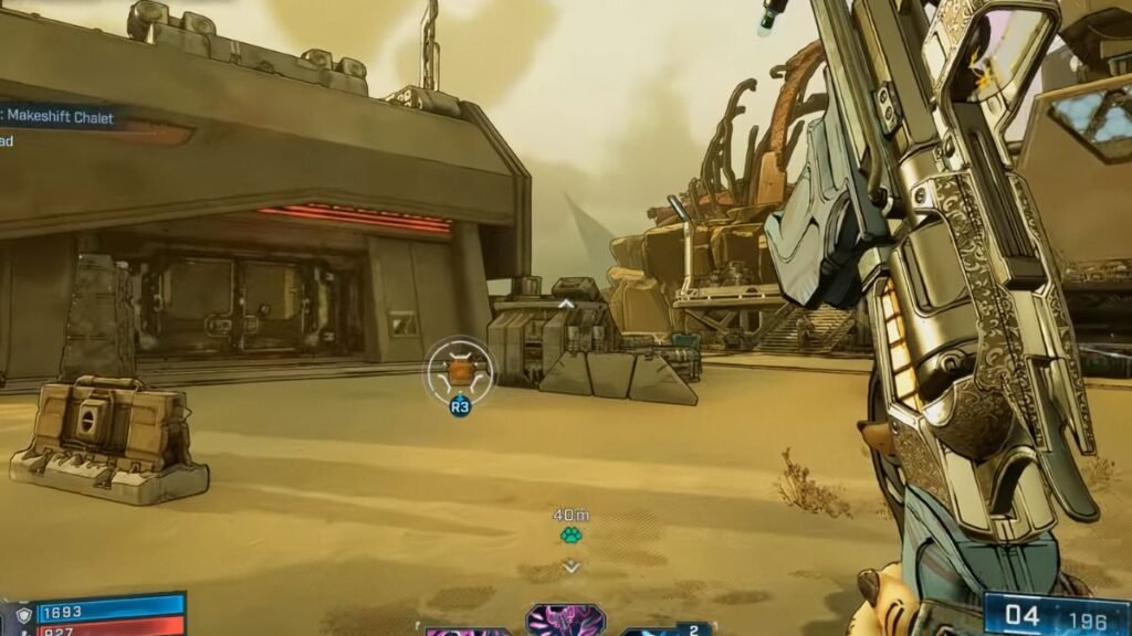 A screenshot of Borderlands 4 character running to Makeshift Chalet Safehouse