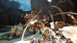 A Vault Hunter faces off against a heavily armed beast in Borderlands 4.