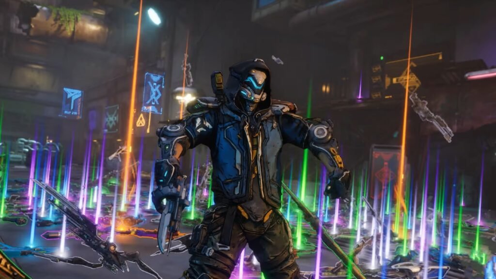 A Borderlands 4 player dancing near a bunch of lights