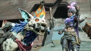 A Borderlands 4 player with a female skin near a wolf