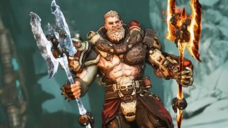 A Borderlands 4 player with a strong skin and two weapons