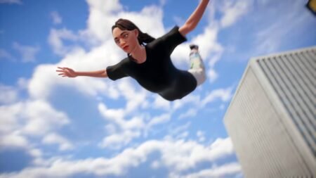 A Skate player diving down from the sky