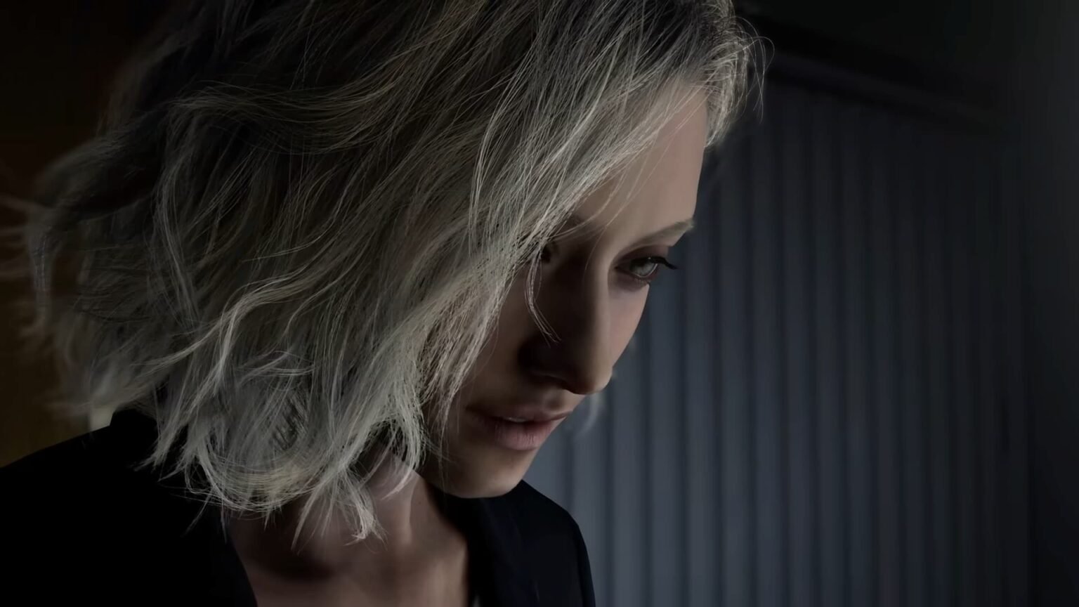A blonde woman looks down perplexed in Resident Evil Requiem