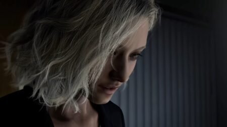 A blonde woman looks down perplexed in Resident Evil Requiem