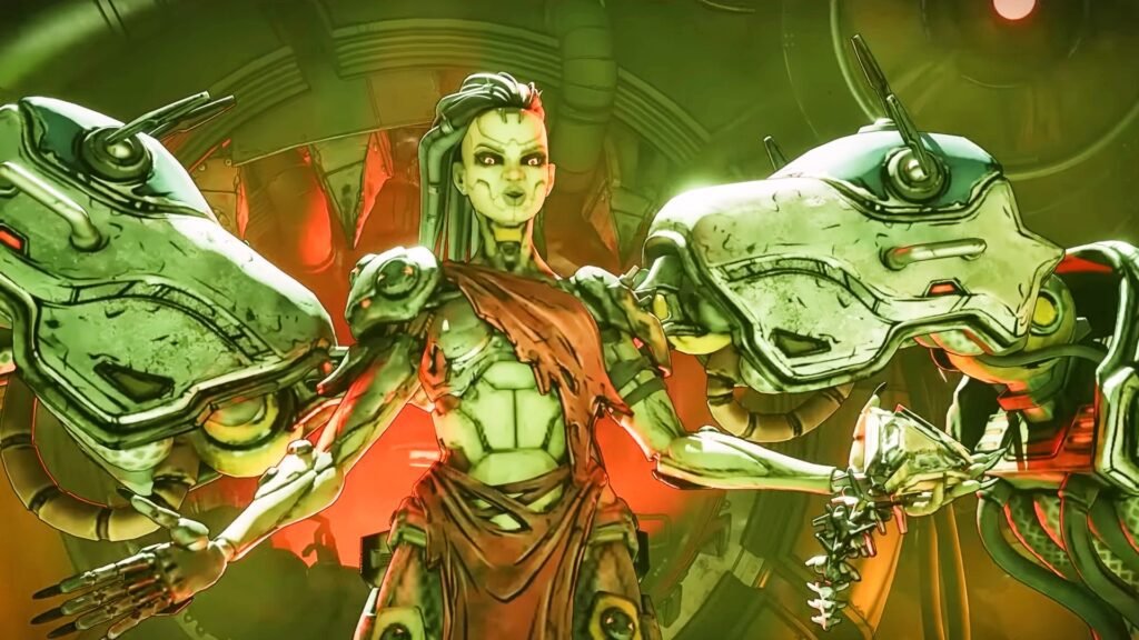 A borderlands 4 enemy with two NPCs next to her