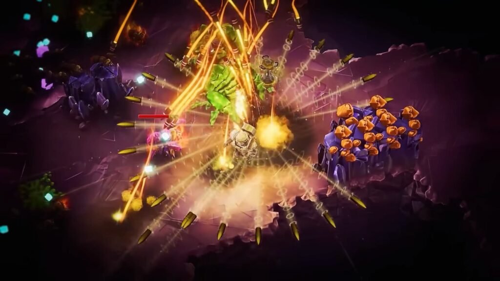 A character attacking enemies with an explosion in Deep Rock Galactic Survivor