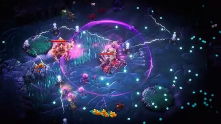 A character attacking multiple enemies with a purple attack in Deep Rock Galactic Survivor