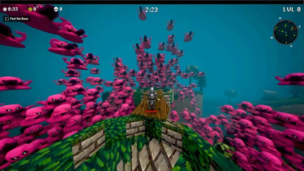 A character being surrounded by pink objects in Megabonk