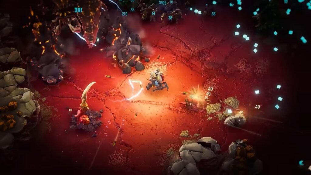 A character getting attacked by others in Deep Rock Galactic Survivor