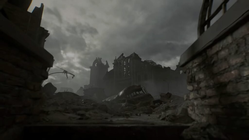 A destroyed community sits near clouds in Resident Evil Requiem