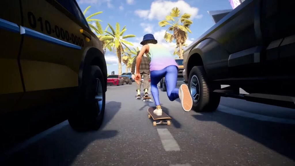 How to Change to Goofy Stance in Skate | | GamesHorizon A few skaters riding in between cars on the street in Skate