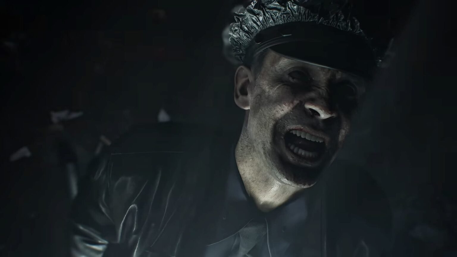 A ghoulish looking police officer smiles and looks to the side in Resident Evil Requiem