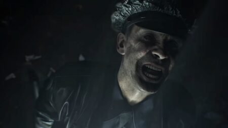 A ghoulish looking police officer smiles and looks to the side in Resident Evil Requiem