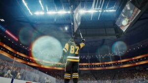 A hockey player celebrating in a yellow jersey in NHL 26