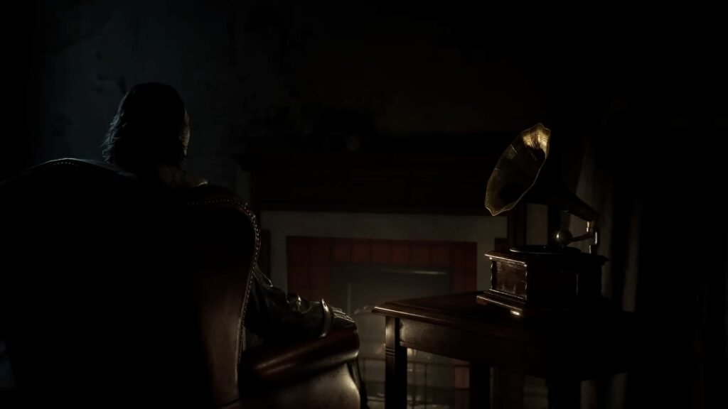 A man sits silently by himself in a room with a music player in Resident Evil Requiem