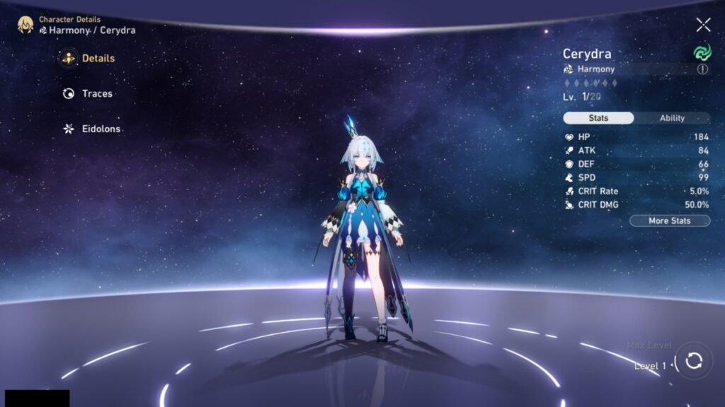 A screenshot of Cerydra in her overview screen in Honkai Star Rail