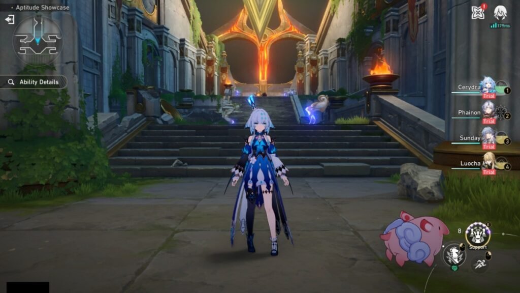 A screenshot of Cerydra standing in her Trial screen in Honkai Star Rail