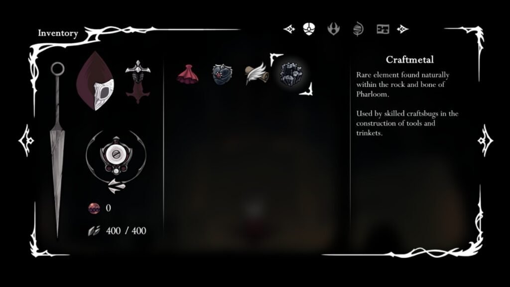 A screenshot of Craftmetal from Hornet's inventory in Hollow Knight Silksong