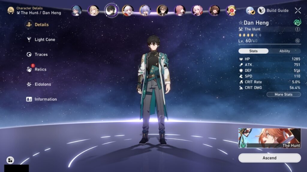 A screenshot of Dan Heng overview in Honkai Star Rail