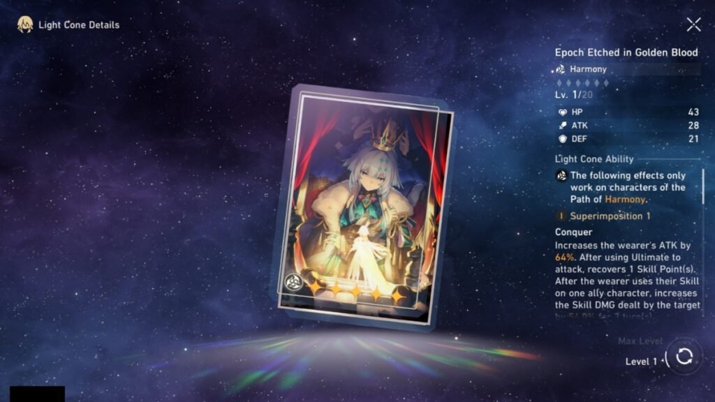A screenshot of Epoch Etched in Golden Blood Light Cone alongside its description in Honkai Star Rail