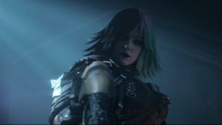 A screenshot of Gwynn holding her shotgun at an enemy in Destiny Rising
