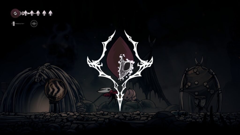 A screenshot of Hornet collecting a Mask fragment in Hollow Knight Silksong