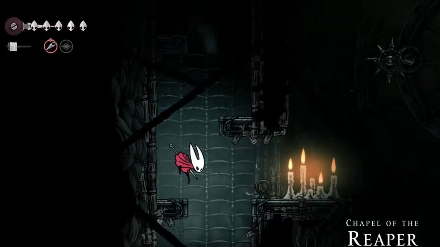 A screenshot of Hornet descending the Chapel of the Reaper in Hollow Knight Silksong