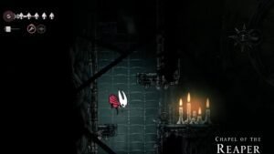 A screenshot of Hornet descending the Chapel of the Reaper in Hollow Knight Silksong