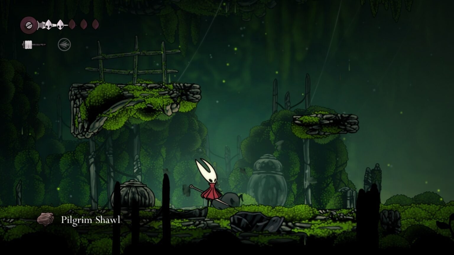 A screenshot of Hornet picking up a Pilgrim, Shawl in Hollow Knight Silksong
