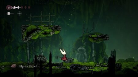 A screenshot of Hornet picking up a Pilgrim, Shawl in Hollow Knight Silksong