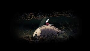 A screenshot of Hornet riding the Bell Beast to fast travel in Hollow Knight Silksong