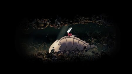 A screenshot of Hornet riding the Bell Beast to fast travel in Hollow Knight Silksong