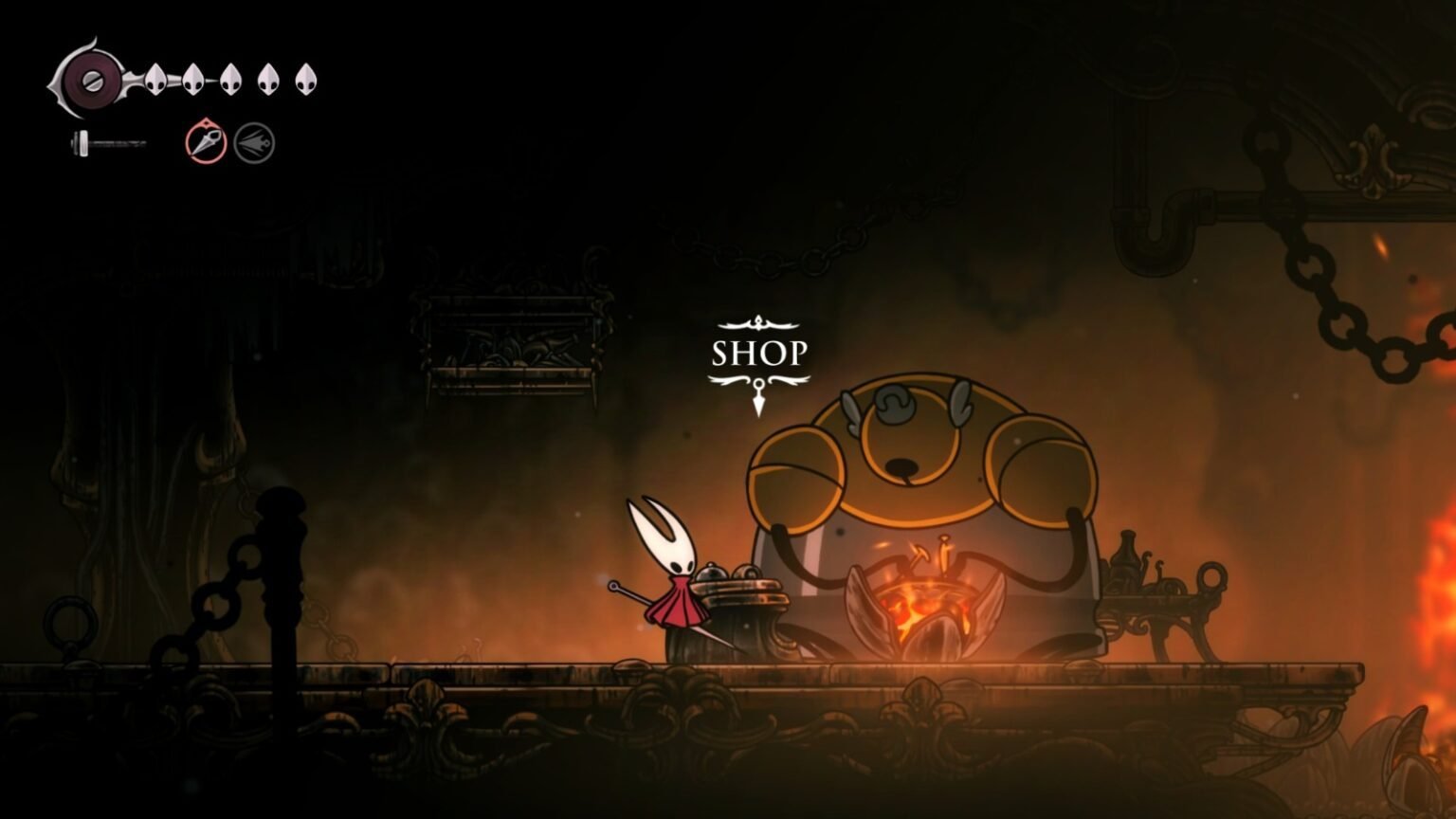 A screenshot of Hornet standing beside the Forge Daughter in Hollow Knight SIlksong