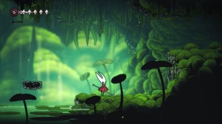 A screenshot of Hornet standing in Moss Grotto in Hollow Knight Silksong