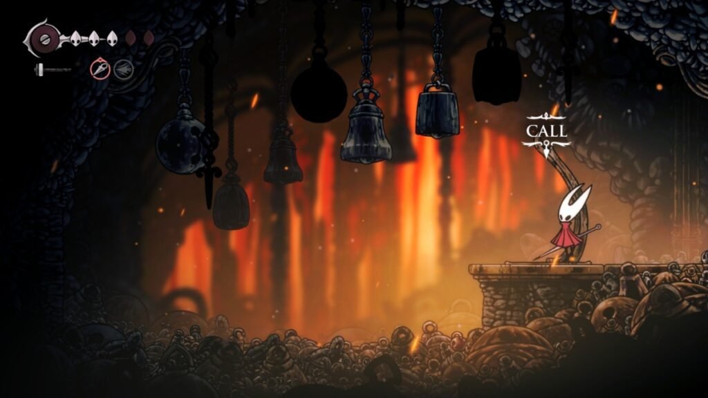 A screenshot of Hornet standing in front of Deep Docks Fast Travel depot in Hollow Knight Silksong