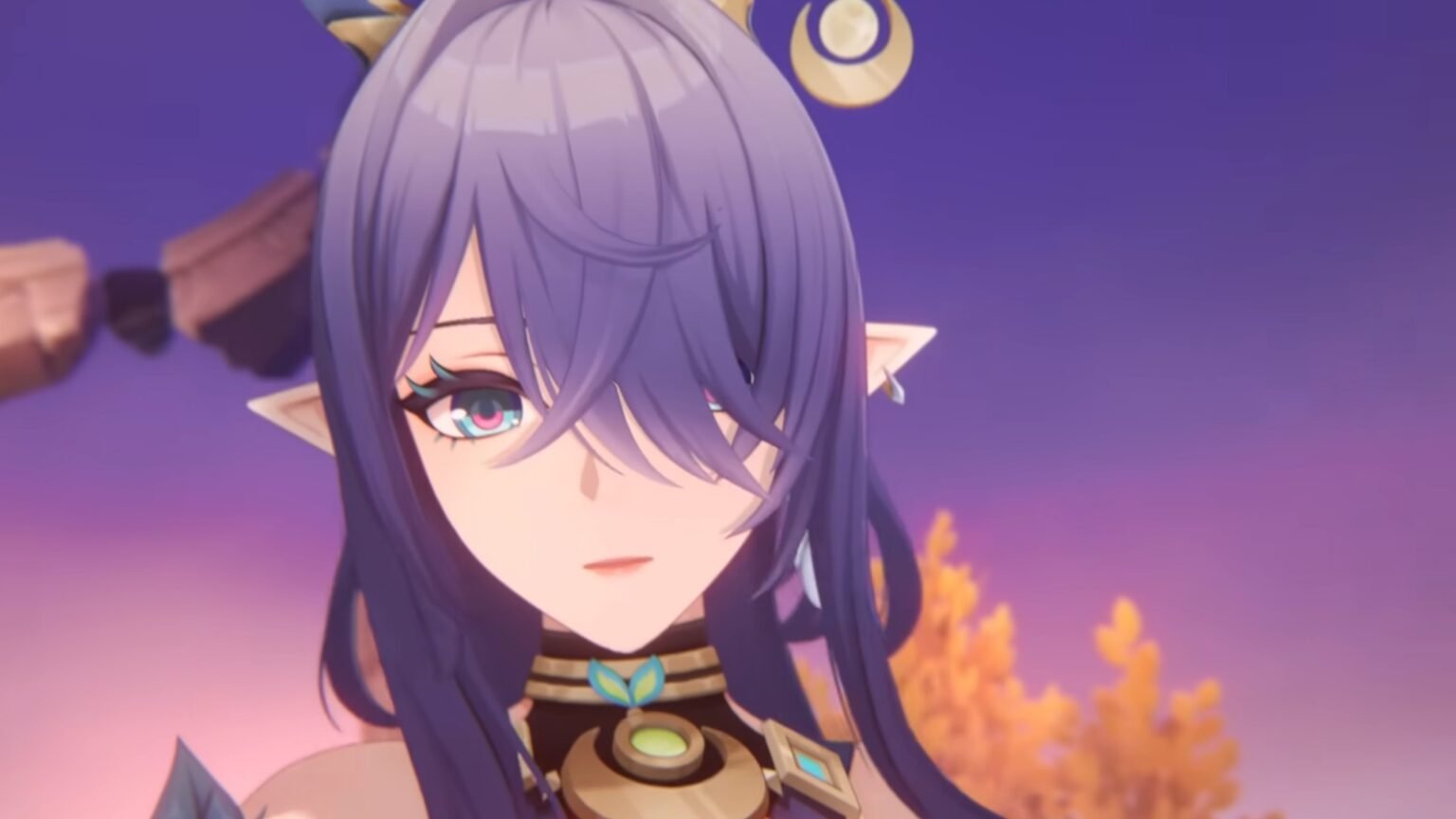 A screenshot of Lauma's face from the official trailer in Genshin Impact