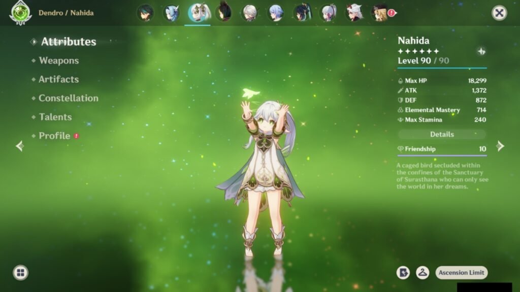 A screenshot of Nahida in her overview screen in Genshin Impact