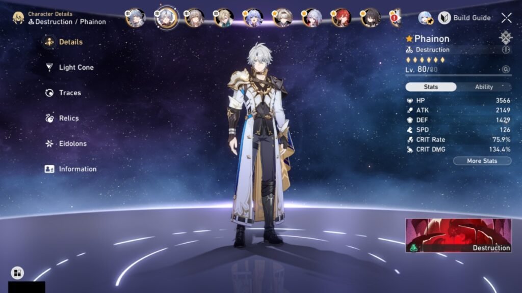 A screenshot of Phainon overview showcasing his build in Honkai Star Rail