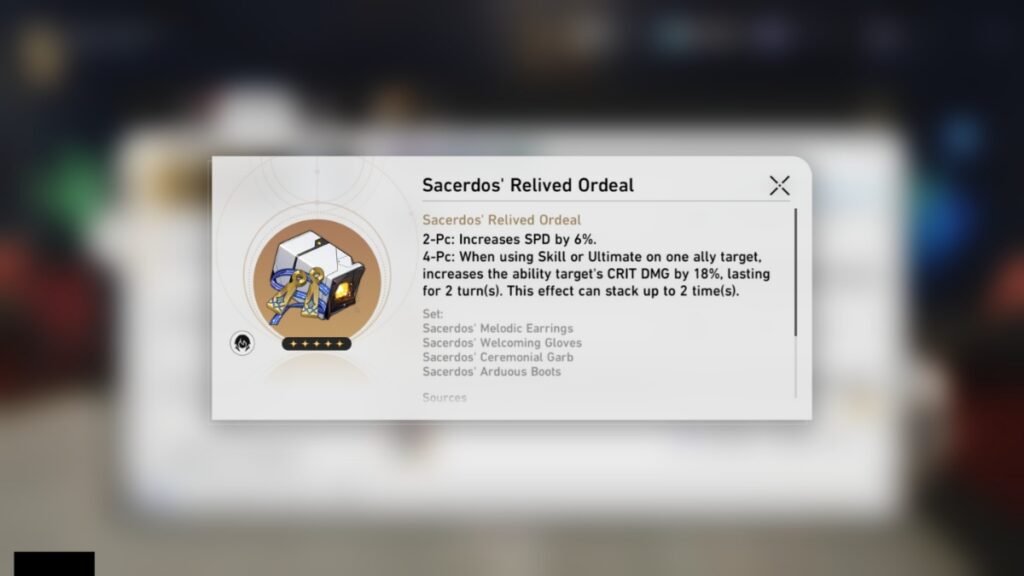 A screenshot of Sacredos' Relived Ordeal Relic Set along with its set bonuses in Honkai Star Rail