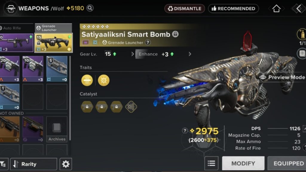 Destiny: Rising - Best Wolf Build Guide (Weapons, Artifacts, & Team) | Destiny: Rising | GamesHorizon A screenshot of Satiyaalinski's Smart Bomb from the weapon screen in Destiny Rising