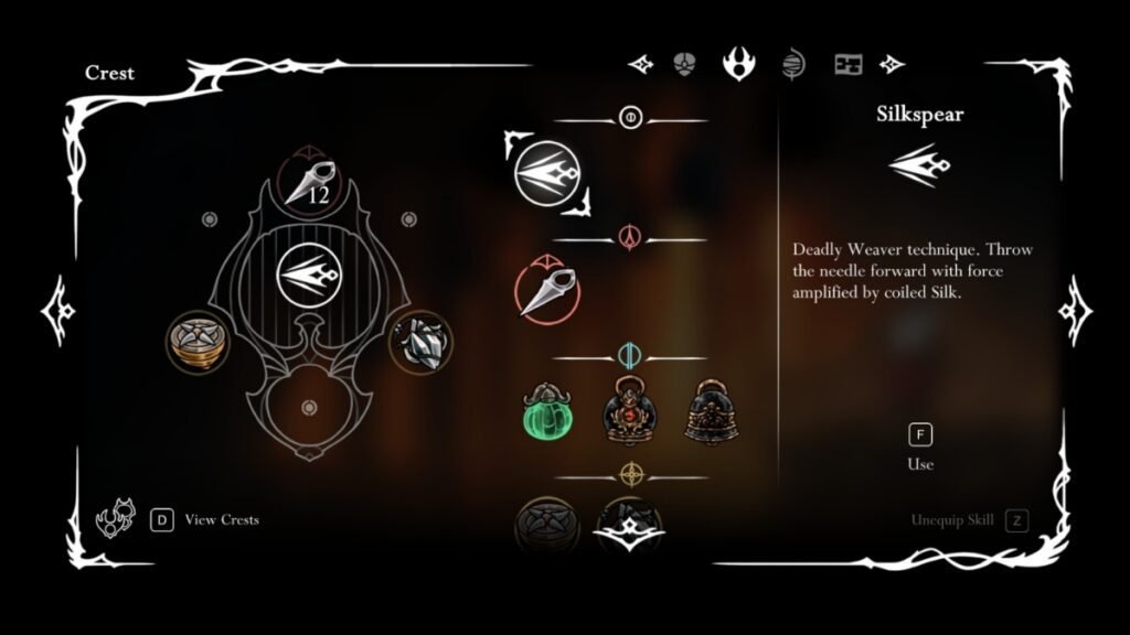 A screenshot of Silkspear ability in Hollow Knight Silksong