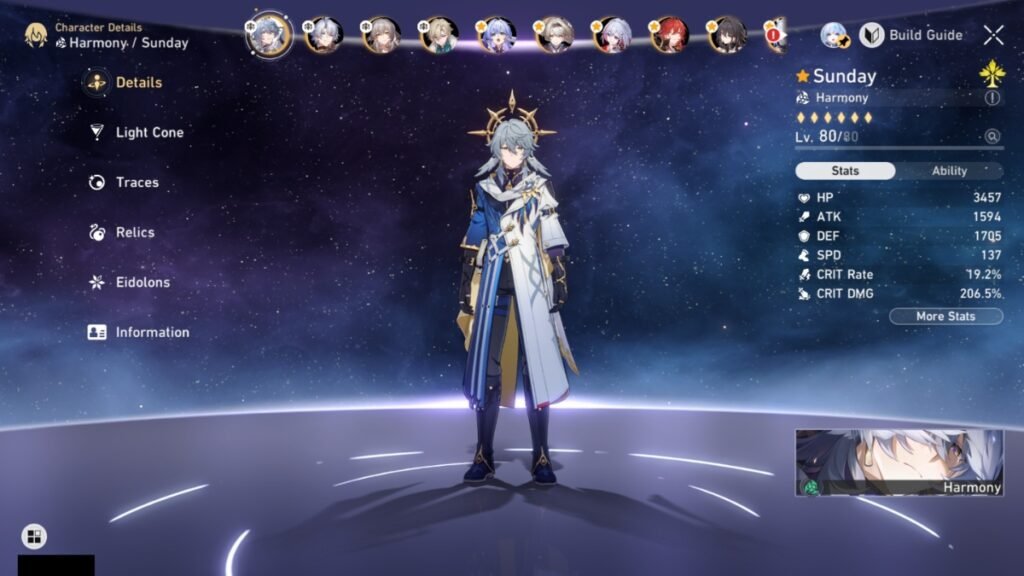 A screenshot of Sunday overview showcasing his build in Honkai Star Rail