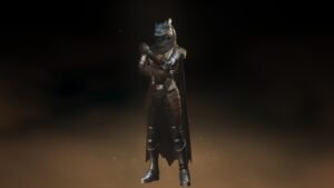 A screenshot of Wolf standing in the character preview screen in Destiny Rising